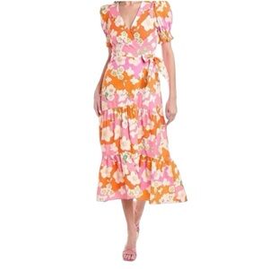 🎁NWT Hutch Danni Pink & Orange Floral Midi Ruffled Tiered Dress Medium 6-8